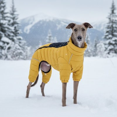 Manteau pour chien jaune sur notre ami dans neige