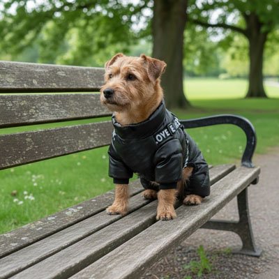 Manteau pour chien sur notre toutou sur banc