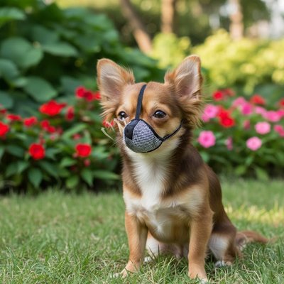 Muselière petit chien​ sur notre toutou assis sur herbe