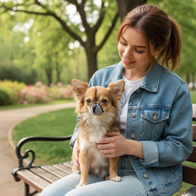 Muselière petit chien​ sur notre toutou assis sur sa maitresse