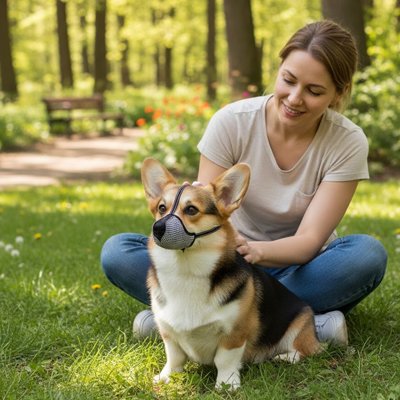 Muselière petit chien​ sur notre toutou avec sa maitresse