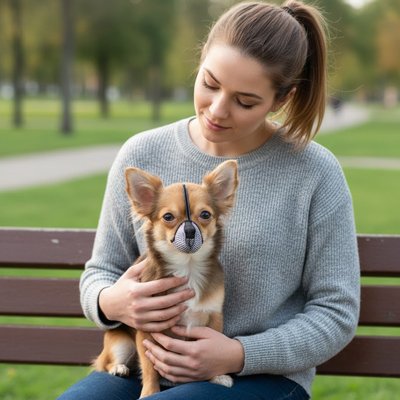 Muselière petit chien​ sur notre toutou caresser par sa maitresse