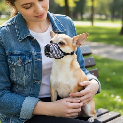 Muselière petit chien​ sur notre toutou dans bras sa maitresse