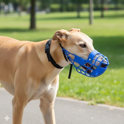 Muselière pour chien​ bleu sur notre ami en balade