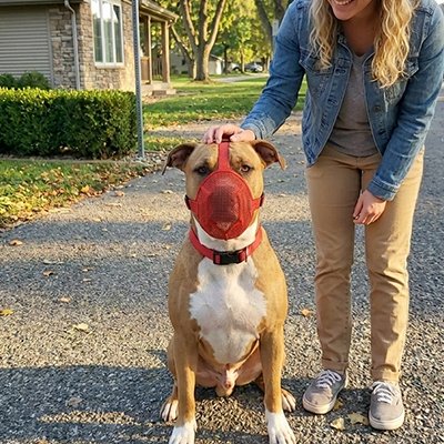 Muselière pour chien sur notre ami assis avec sa maitresse