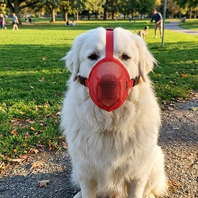 Muselière pour chien sur notre ami assis
