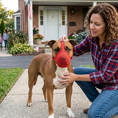 Muselière pour chien sur notre ami avec sa maitresse-a-genou