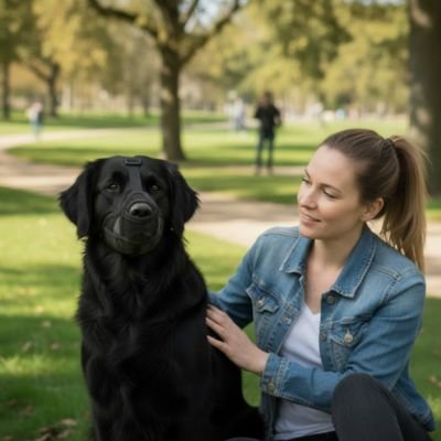 Muselière pour chien​ sur notre ami avec sa maitresse