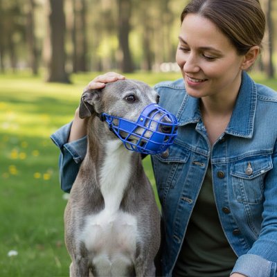 Muselière pour chien​ sur notre ami avec sa maitresse