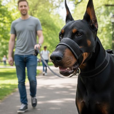 Muselière pour chien​ sur notre ami avec son maitre