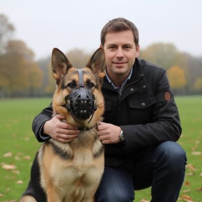 Muselière pour chien​ sur notre ami avec son maitre au jardin