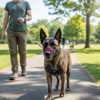 Muselière pour chien​ sur notre compagnon avec son maitre