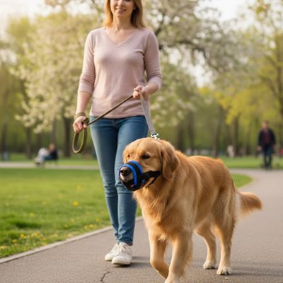 Muselière pour chien​ sur notre toutou avec sa maitresse