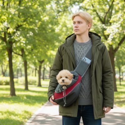 Notre ami dans sac de transport pour chien avec jeune homme