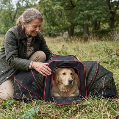 Notre ami dans sac de transport pour chien avec sa maitresse