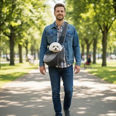 Notre ami dans sac de transport pour chien avec son maitre