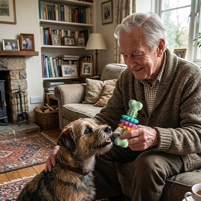 Notre ami joue avec son jouets pour chien​s et son maitre