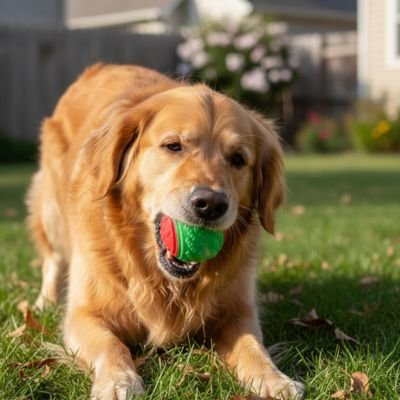 Notre ami mache sa balle pour chien 