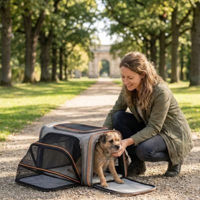 notre compagnon dans sac de transport pour chien avec sa maitre