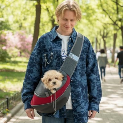 Notre compagnon dans sac de transport pour chien en balade