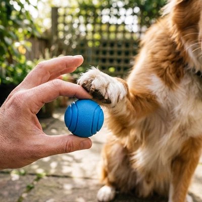 Notre compagnon joue avec son maitre au balle pour chien 