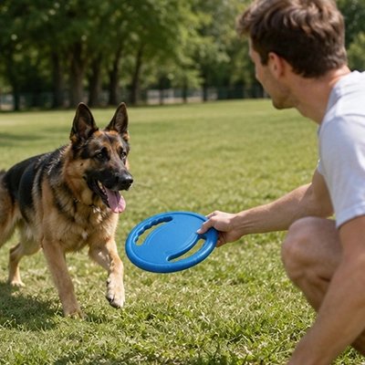 Notre compagnon joue avec son maitre et son frisbee chien