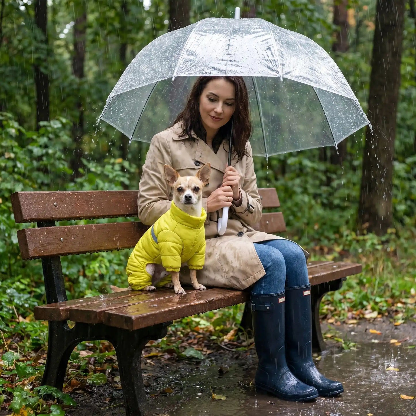 notre toutou avec son manteau chien et sa maitresse avec parapluie