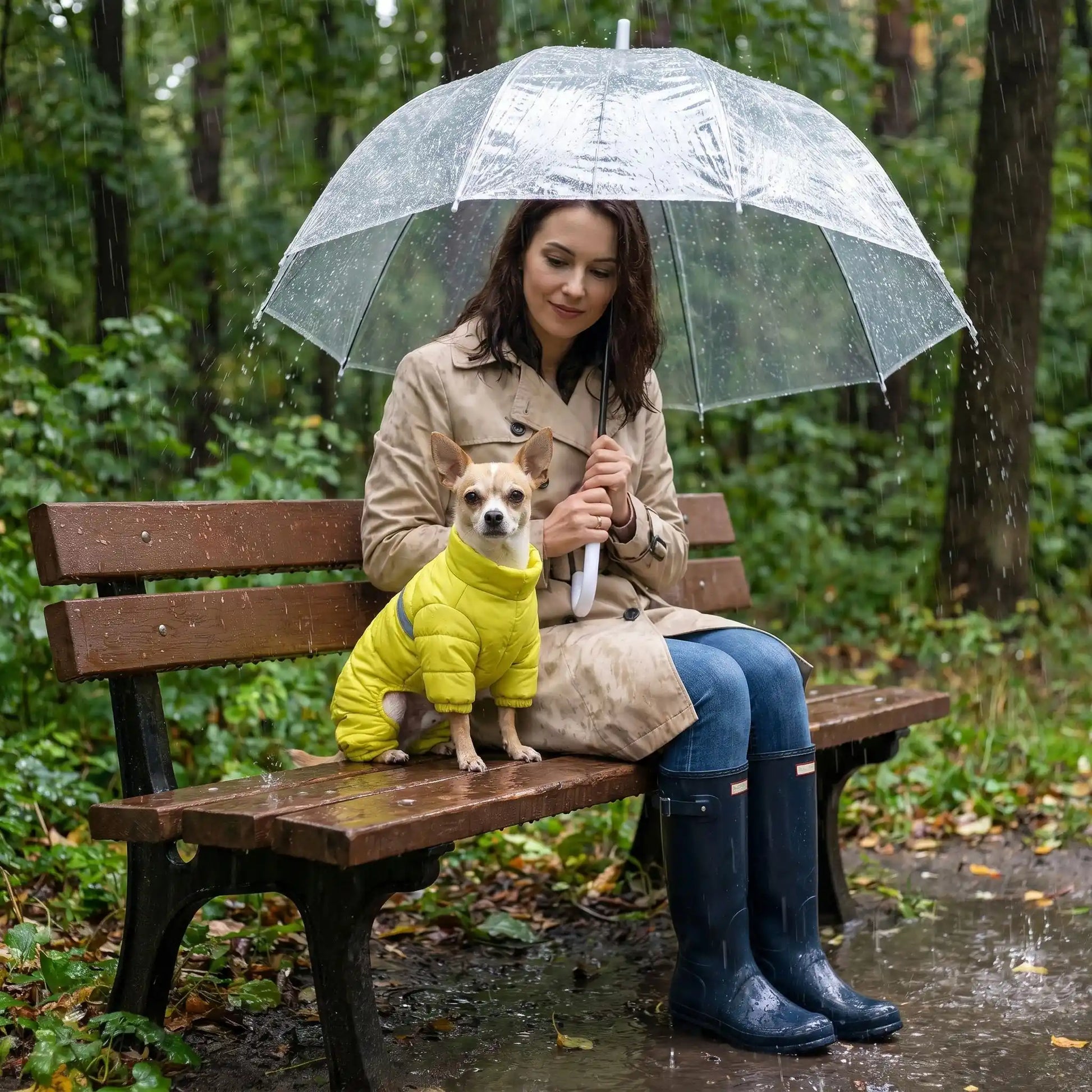 notre toutou avec son manteau chien et sa maitresse avec parapluie
