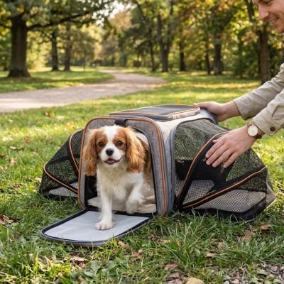 Notre toutou dans sac de transport pour chien au parc