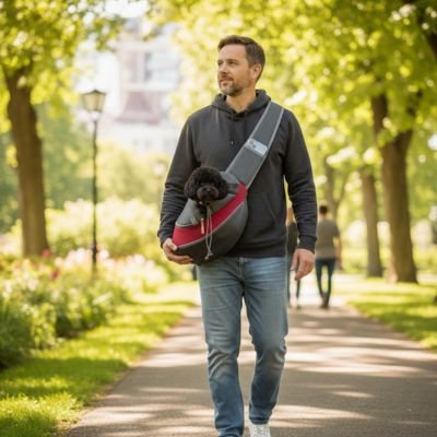 Notre toutou dans sac de transport pour chien avec son maitre