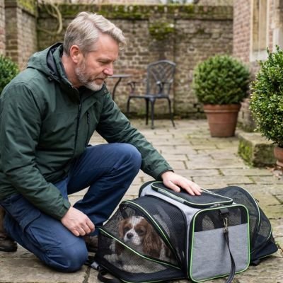 Notre toutou dans sac de transport pour chien avec son maitre