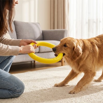 Notre toutou et sa maitresse tire sur son jouet chien