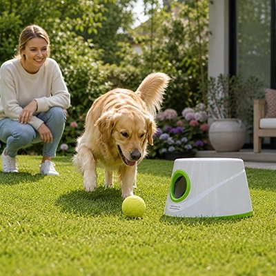 Notre toutou joue avec lanceur de balle pour chien