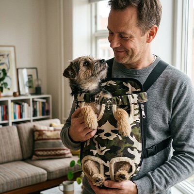 Sac de transport chien avec notre toutou en regardant son maitre