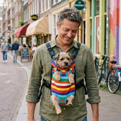 Sac de transport chien avec notre toutou son maitre en balade