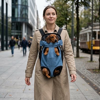 Sac de transport chien sur notre toutou avec sa maitresse