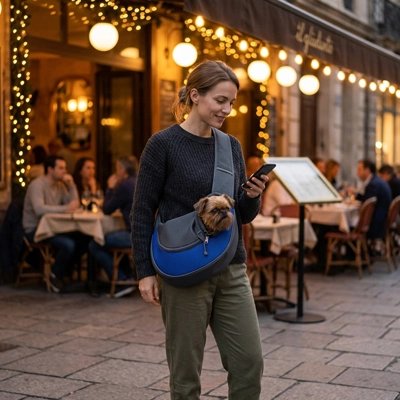 Sac de transport pour chien avec loulou et sa maitresse