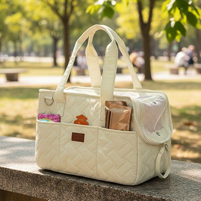 Sac de transport pour chien beige sur table