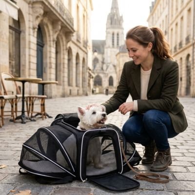 Sac de transport pour chien blanc avec notre toutou sa maitresse