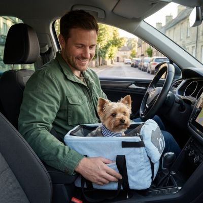 Sac de transport pour chien bleu avec toutou son maitre