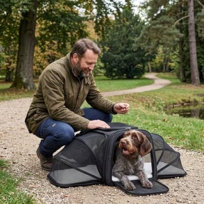 Sac de transport pour chien noir avec notre compagnon son maitre