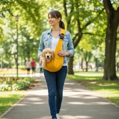 Sac de transport pour petit chien jaune avec notre ami sa maitresse