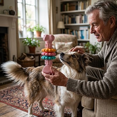 Son maitre lui donne son jouets pour chien​s