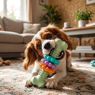 Toutou joue avec son jouets pour chien​s